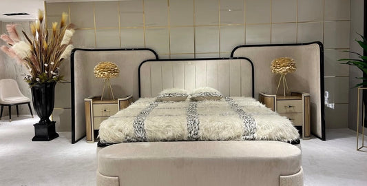 Roux luxury furniture collection featuring modern neutral bedroom set, elegant vanity console, and contemporary accent chair with black and gold details.