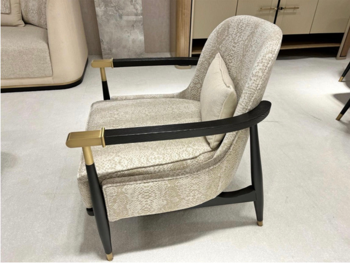 Roux luxury furniture collection featuring modern neutral bedroom set, elegant vanity console, and contemporary accent chair with black and gold details.