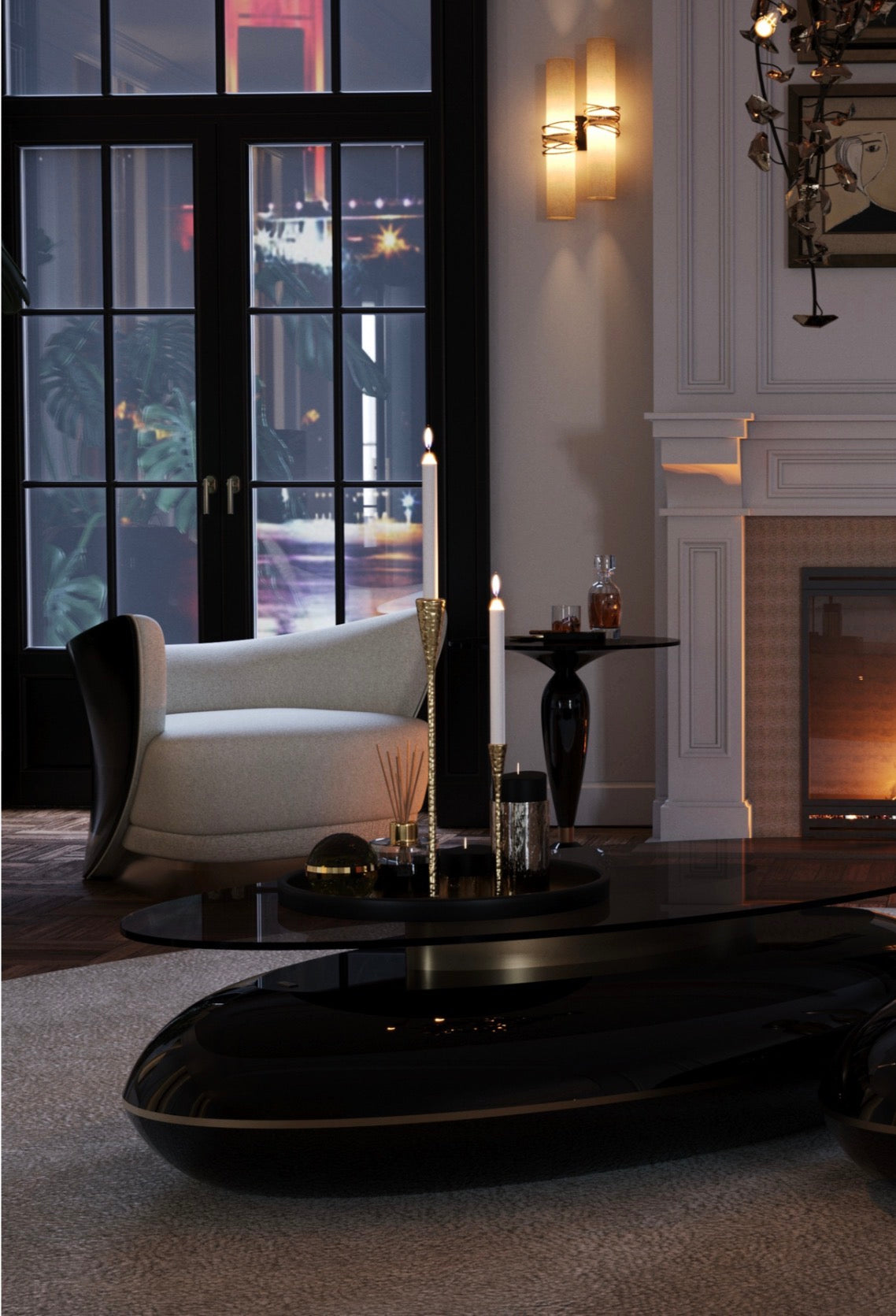 Apex luxury furniture collection with dark wood finishes, neutral seating, modern dining table, and high-end bedroom design.