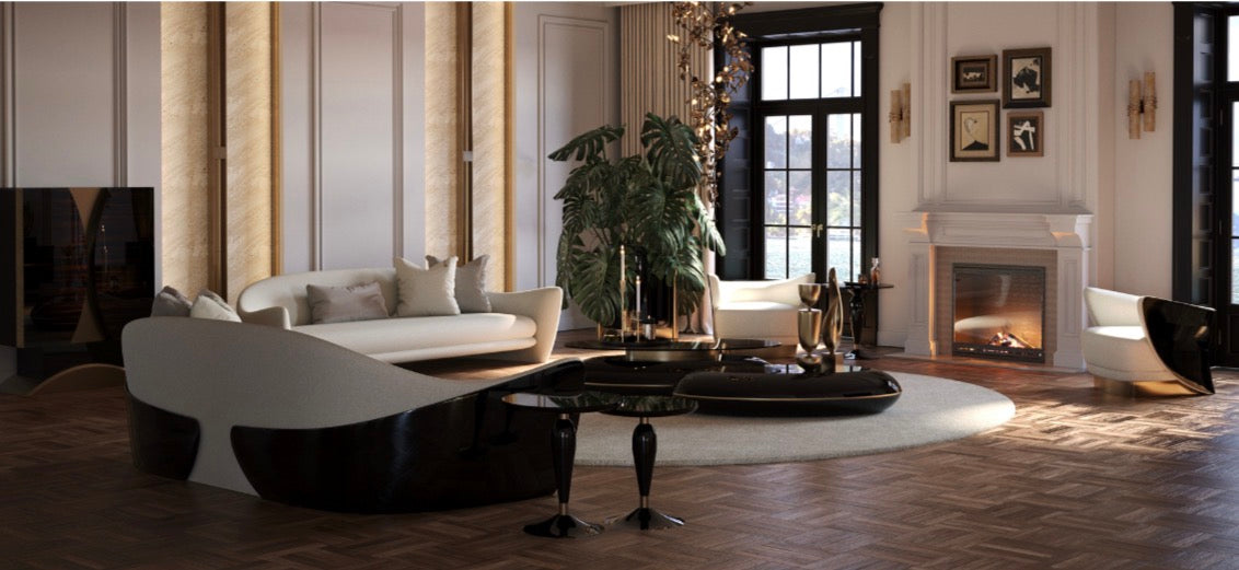 Apex luxury furniture collection with dark wood finishes, neutral seating, modern dining table, and high-end bedroom design.