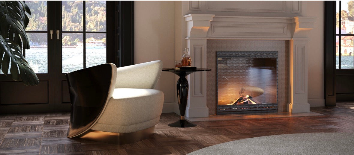 Apex luxury furniture collection with dark wood finishes, neutral seating, modern dining table, and high-end bedroom design.