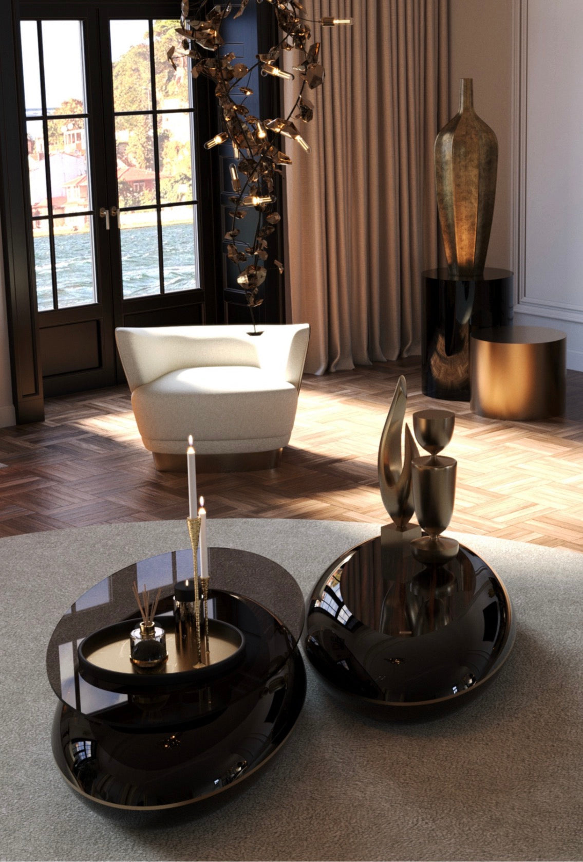 Apex luxury furniture collection with dark wood finishes, neutral seating, modern dining table, and high-end bedroom design.