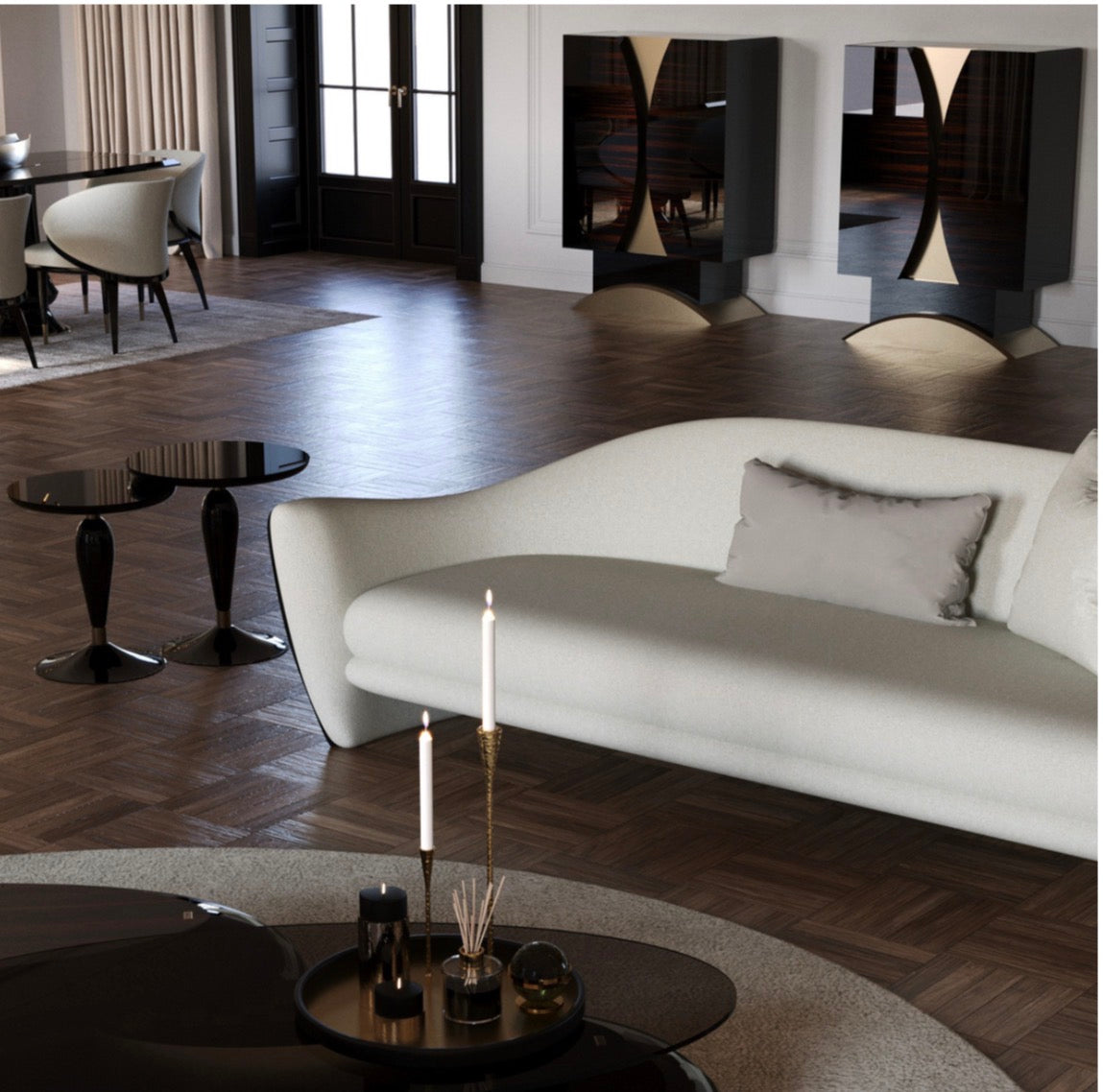 Apex luxury furniture collection with dark wood finishes, neutral seating, modern dining table, and high-end bedroom design.