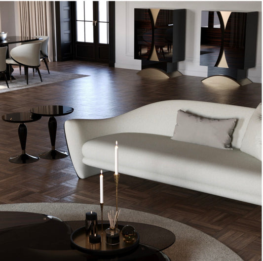 Apex luxury furniture collection with dark wood finishes, neutral seating, modern dining table, and high-end bedroom design.