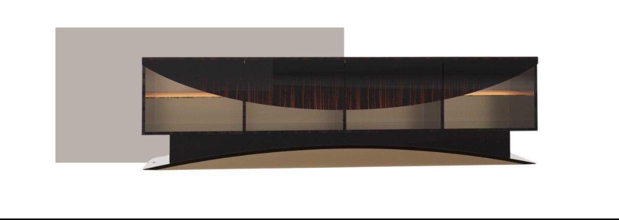 Apex luxury furniture collection with dark wood finishes, neutral seating, modern dining table, and high-end bedroom design.