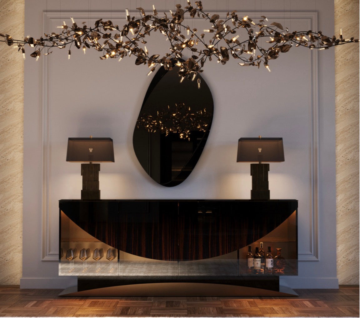 Apex luxury furniture collection with dark wood finishes, neutral seating, modern dining table, and high-end bedroom design.