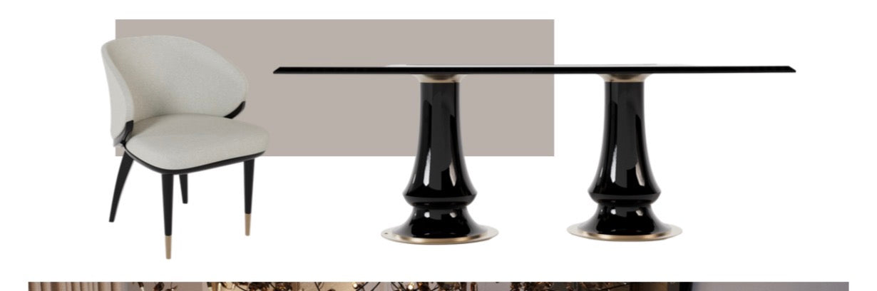 Apex luxury furniture collection with dark wood finishes, neutral seating, modern dining table, and high-end bedroom design.