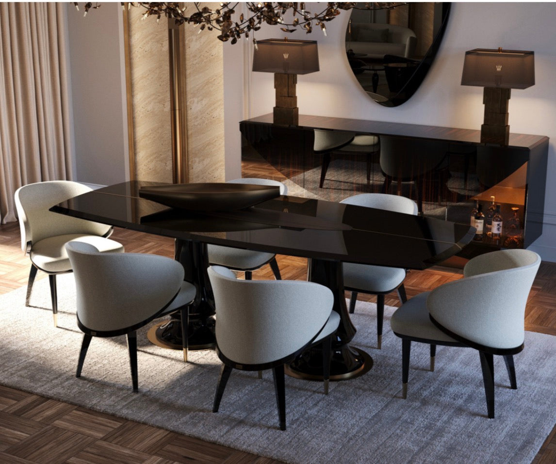 Apex luxury furniture collection with dark wood finishes, neutral seating, modern dining table, and high-end bedroom design.