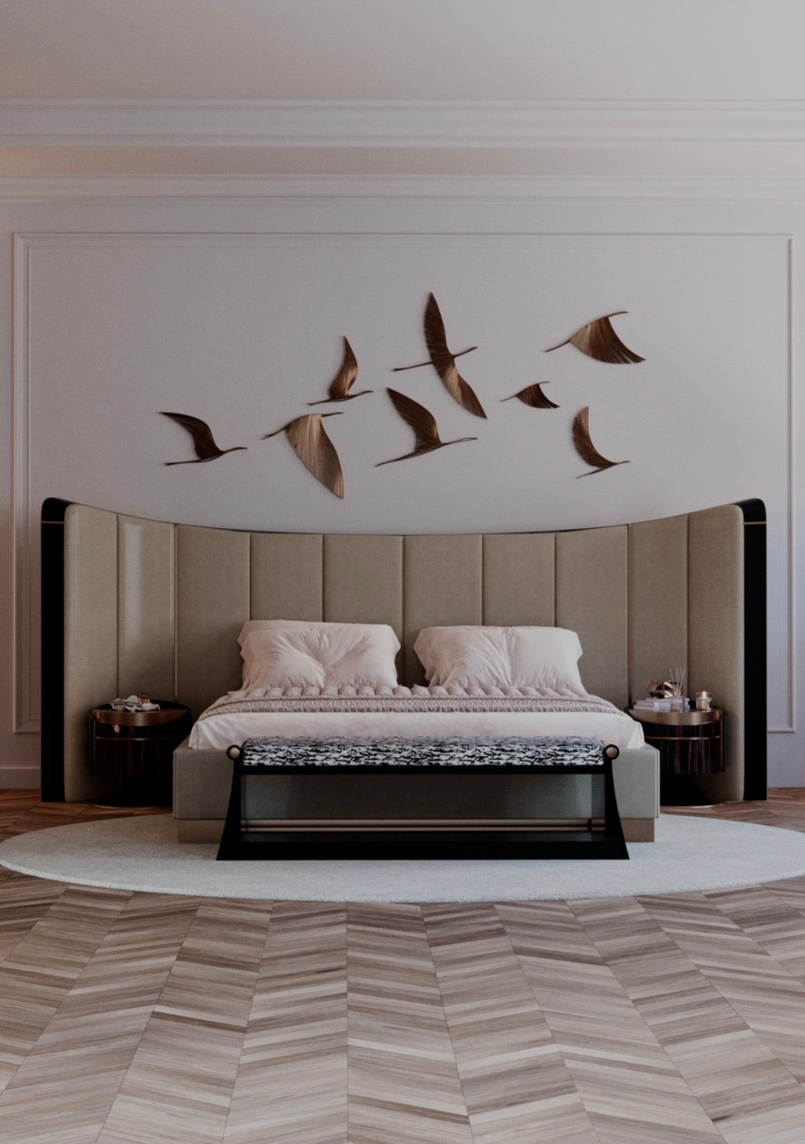 Apex luxury furniture collection with dark wood finishes, neutral seating, modern dining table, and high-end bedroom design.