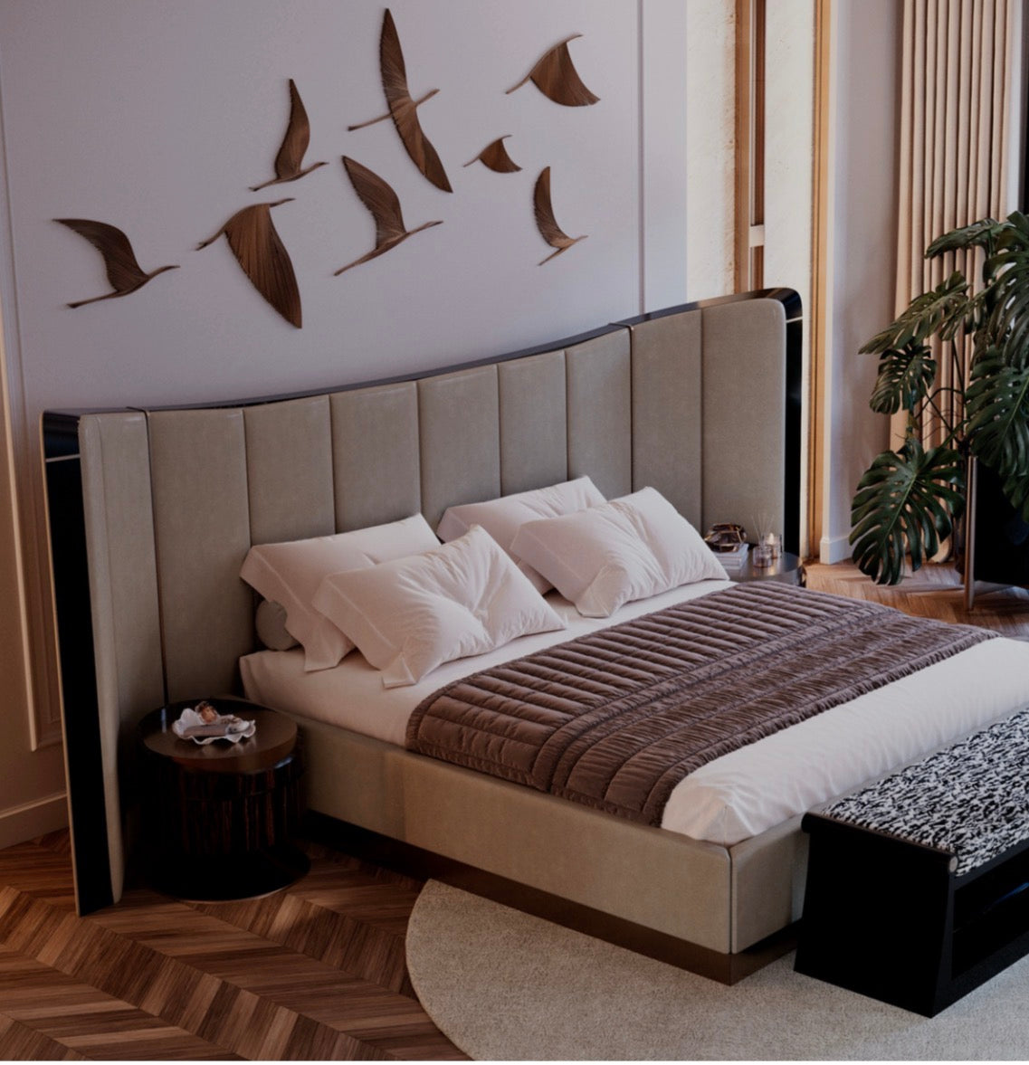 Apex luxury furniture collection with dark wood finishes, neutral seating, modern dining table, and high-end bedroom design.