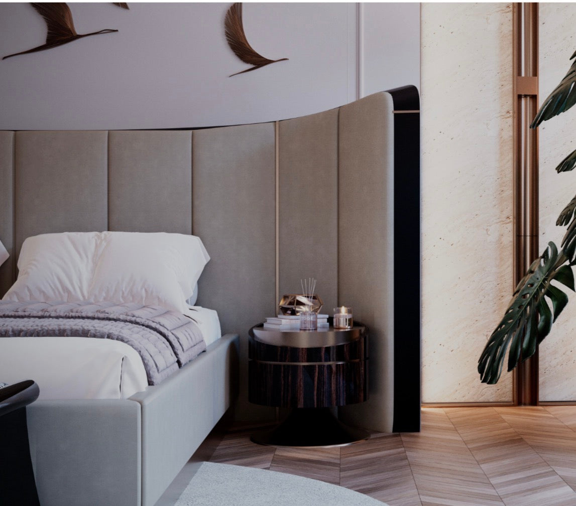 Apex luxury furniture collection with dark wood finishes, neutral seating, modern dining table, and high-end bedroom design.