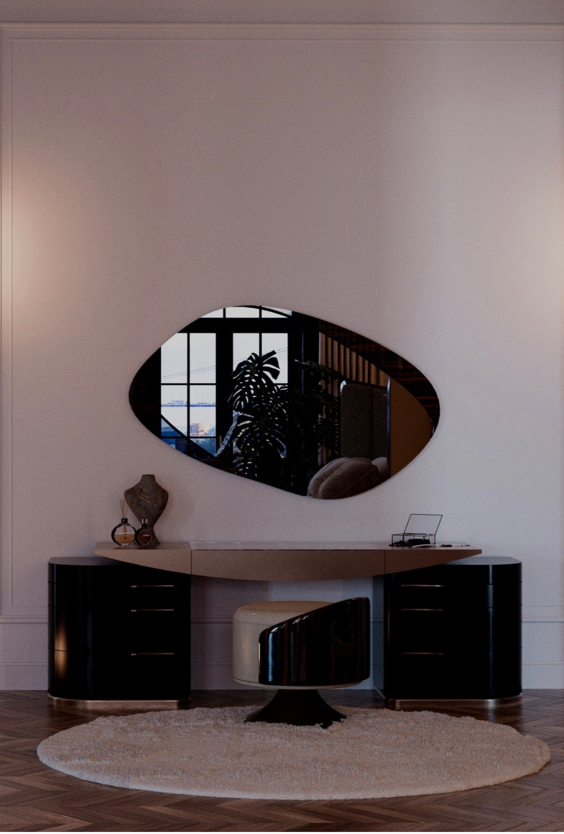 Apex luxury furniture collection with dark wood finishes, neutral seating, modern dining table, and high-end bedroom design.