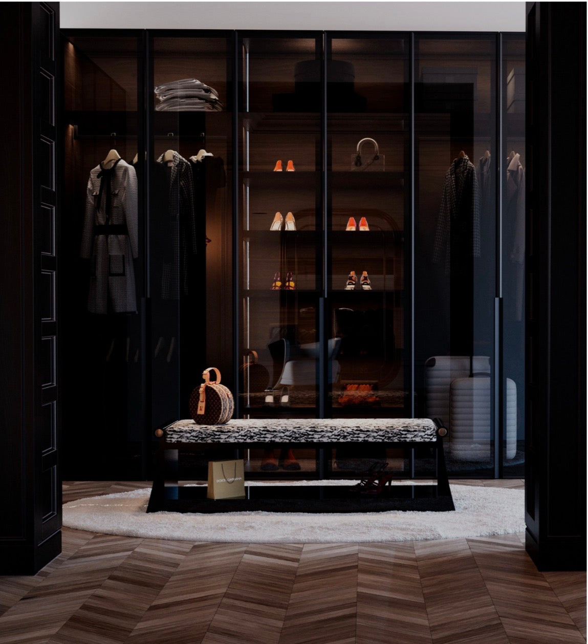 Apex luxury furniture collection with dark wood finishes, neutral seating, modern dining table, and high-end bedroom design.