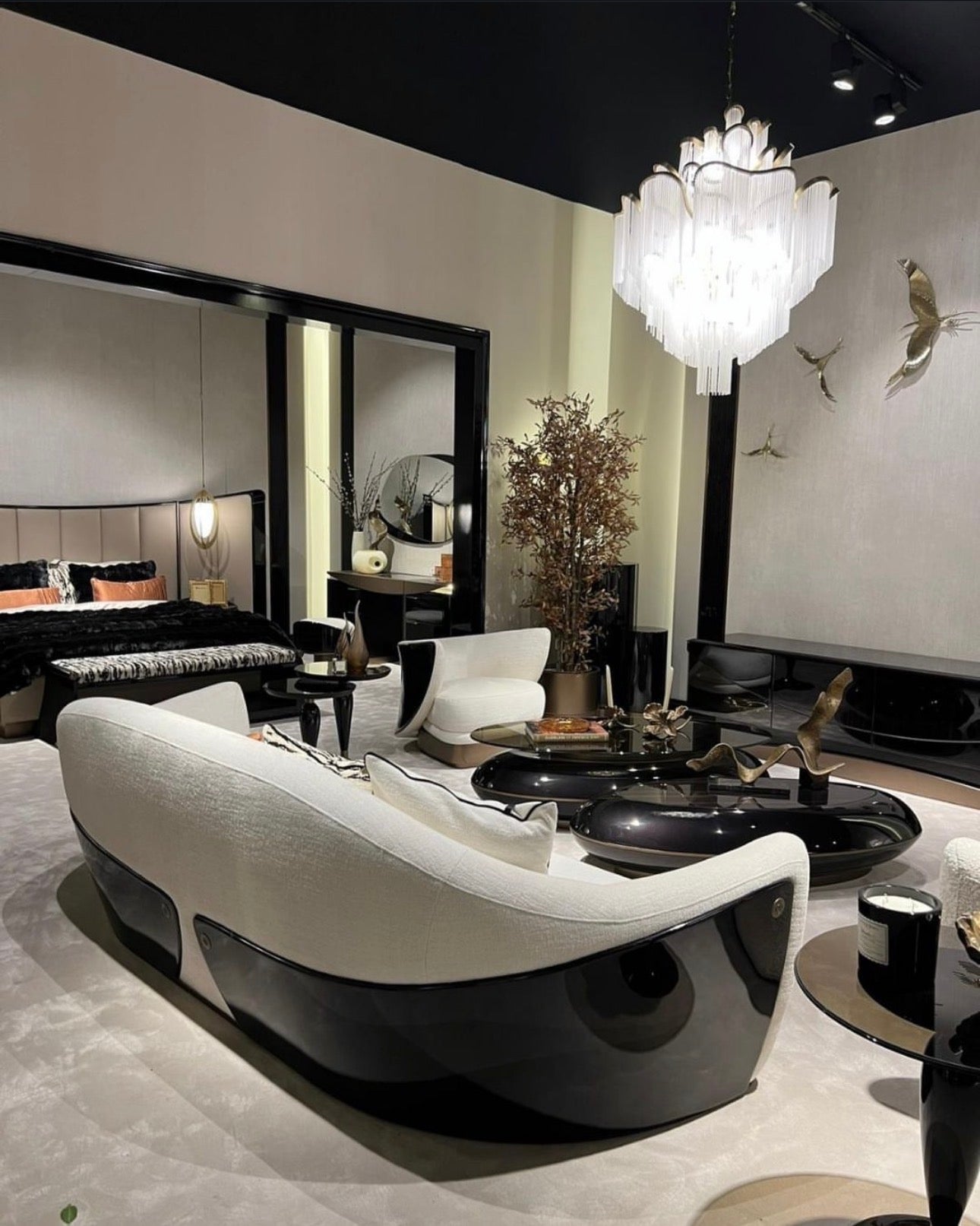 Apex luxury furniture collection with dark wood finishes, neutral seating, modern dining table, and high-end bedroom design.