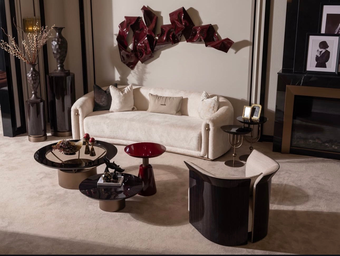 Apex luxury furniture collection with dark wood finishes, neutral seating, modern dining table, and high-end bedroom design.