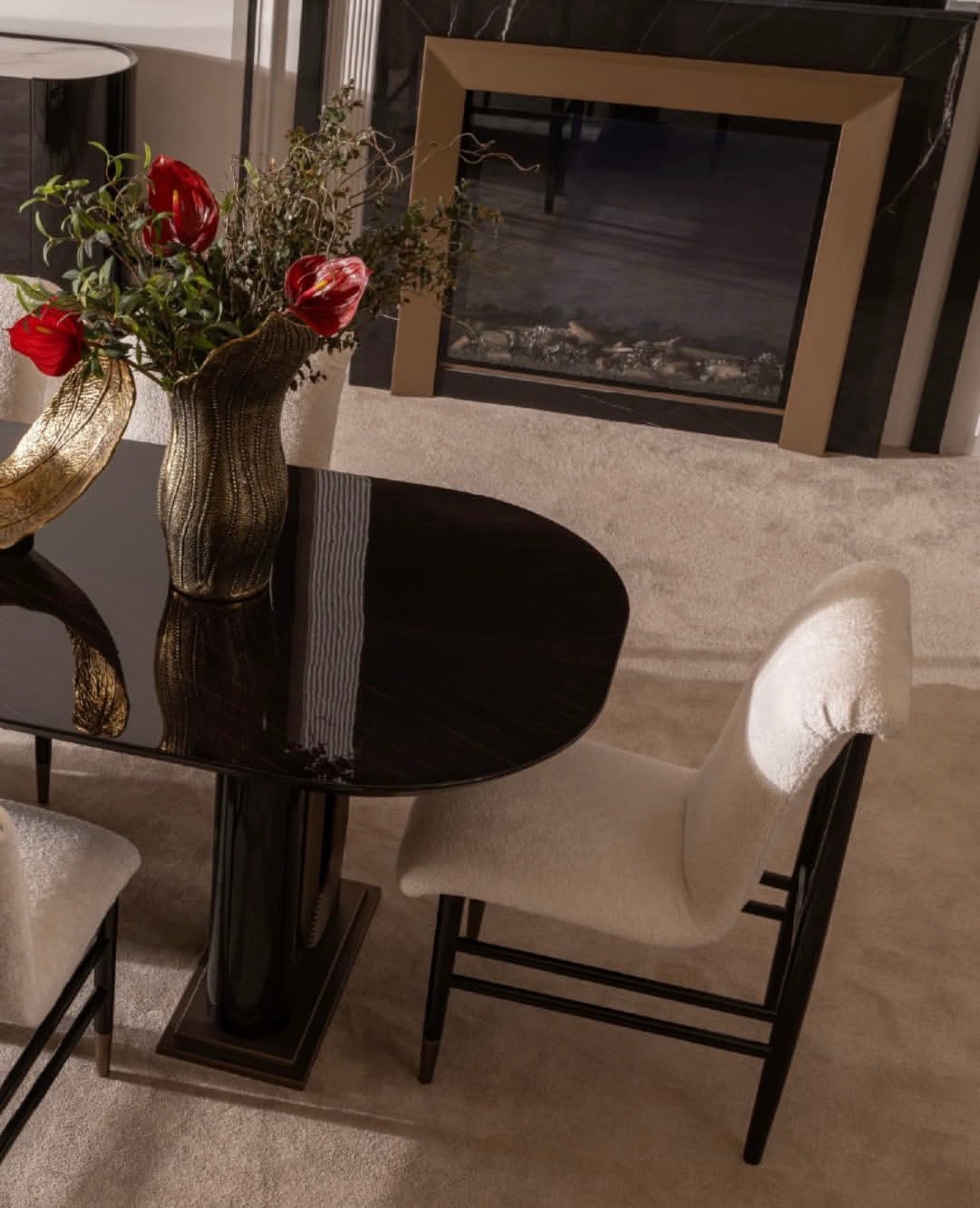 Apex luxury furniture collection with dark wood finishes, neutral seating, modern dining table, and high-end bedroom design.