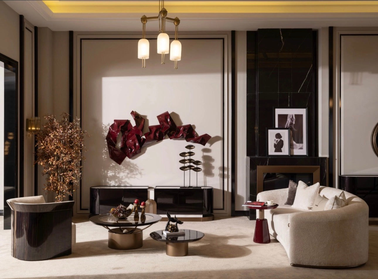 Apex luxury furniture collection with dark wood finishes, neutral seating, modern dining table, and high-end bedroom design.