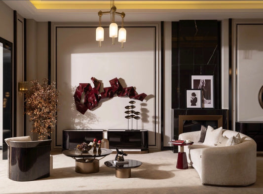 Apex luxury furniture collection with dark wood finishes, neutral seating, modern dining table, and high-end bedroom design.