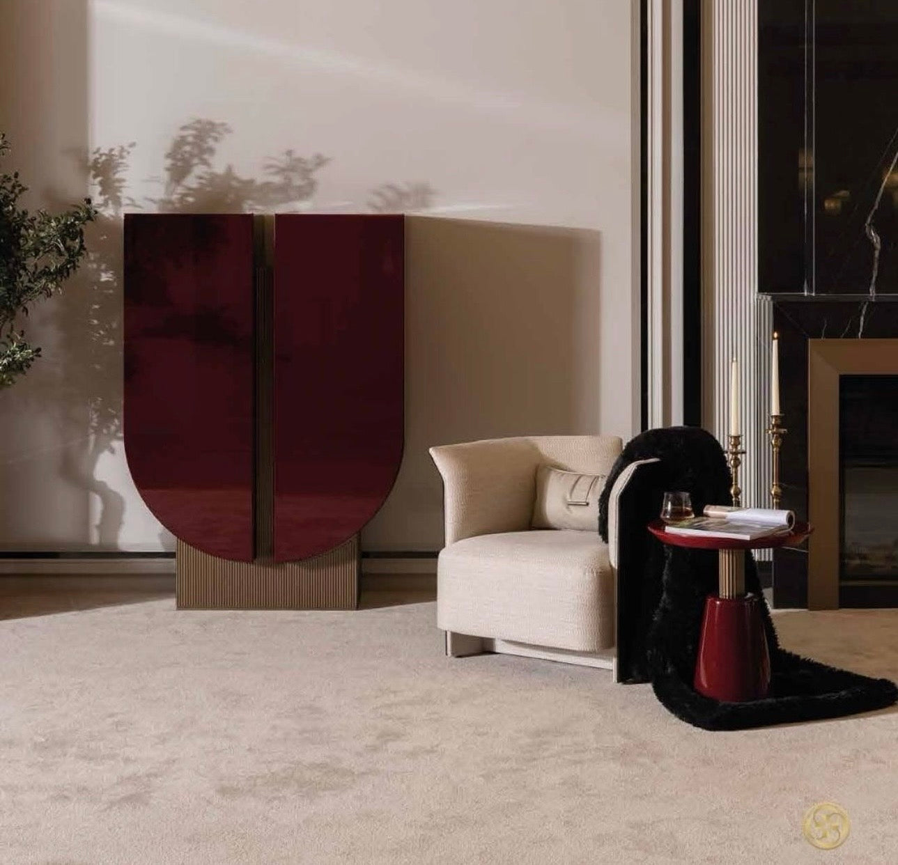 Apex luxury furniture collection with dark wood finishes, neutral seating, modern dining table, and high-end bedroom design.