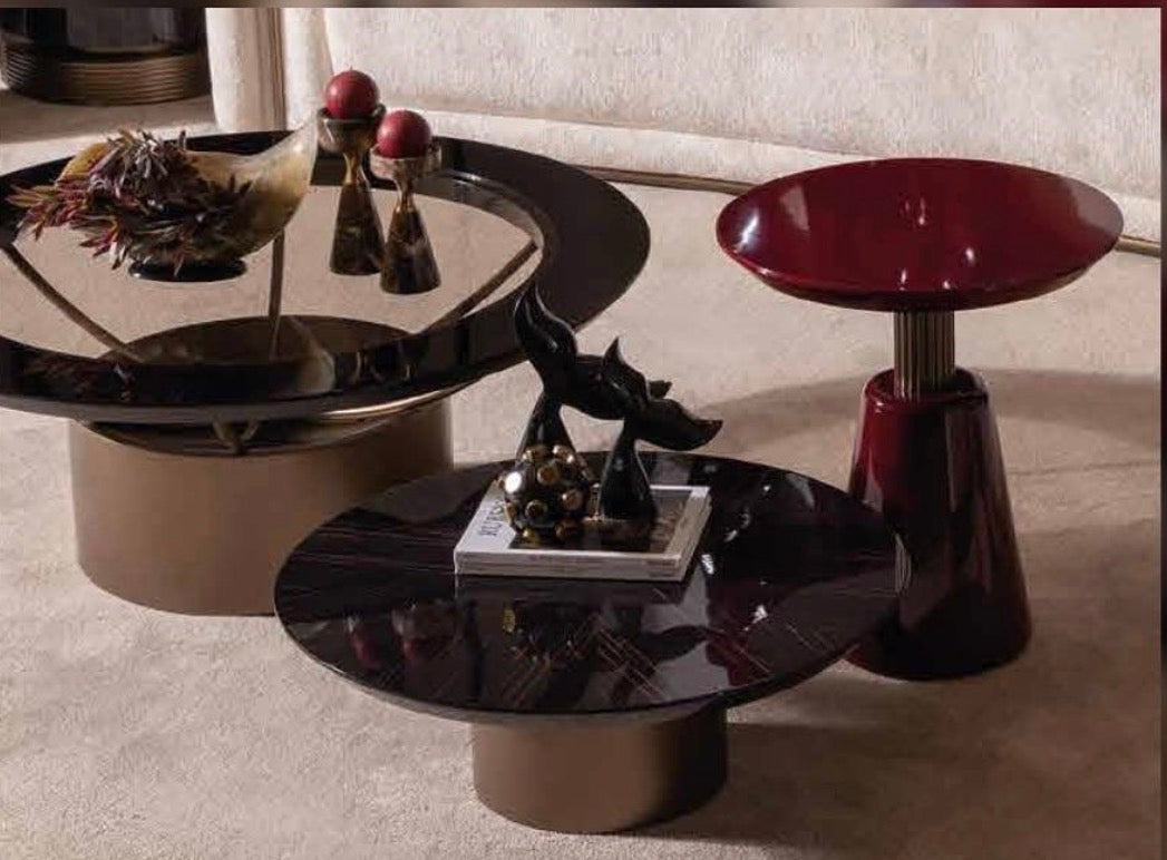 Apex luxury furniture collection with dark wood finishes, neutral seating, modern dining table, and high-end bedroom design.