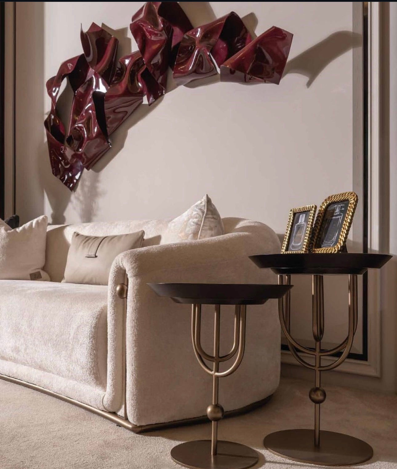 Apex luxury furniture collection with dark wood finishes, neutral seating, modern dining table, and high-end bedroom design.