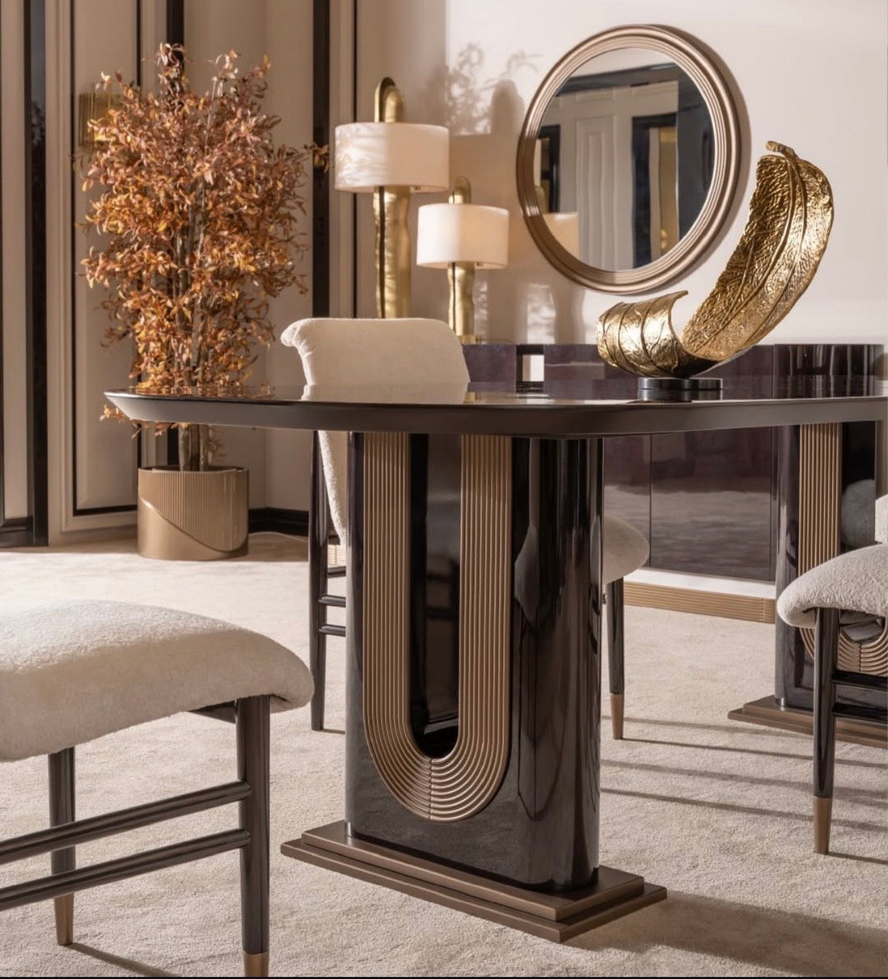 Apex luxury furniture collection with dark wood finishes, neutral seating, modern dining table, and high-end bedroom design.