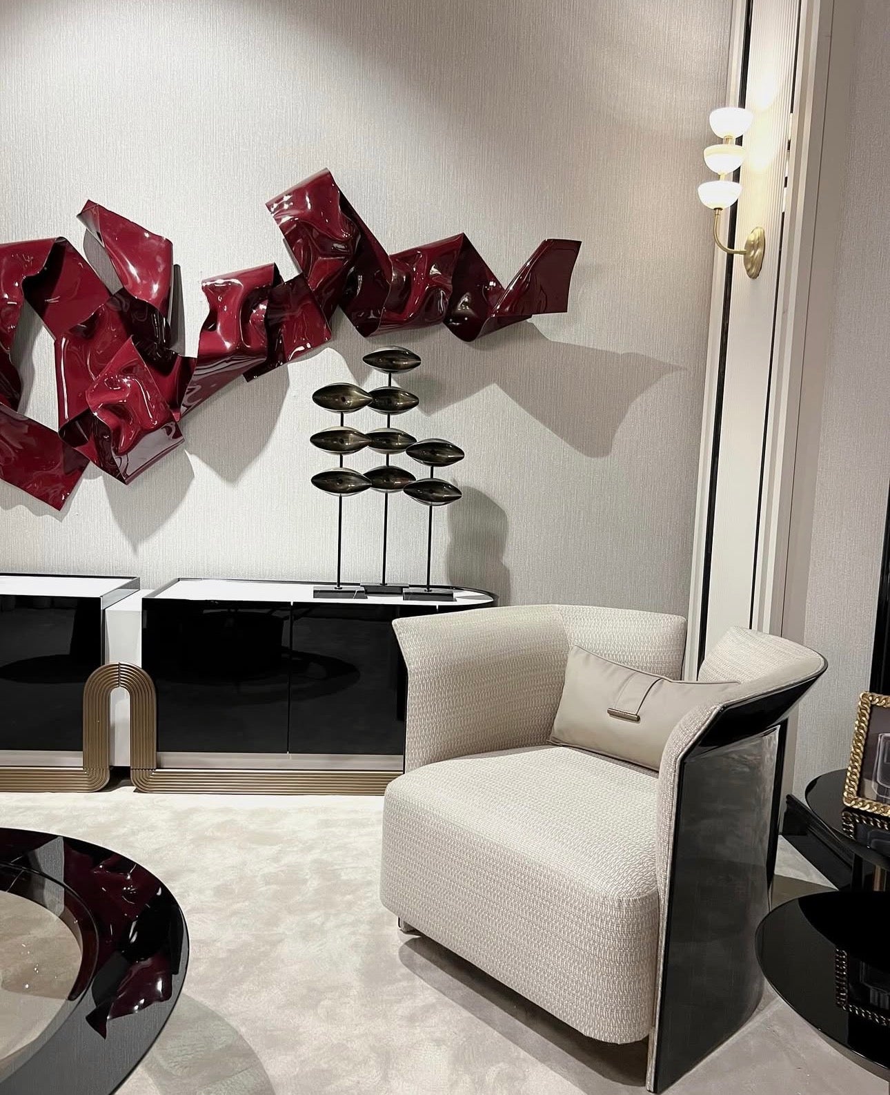 Apex luxury furniture collection with dark wood finishes, neutral seating, modern dining table, and high-end bedroom design.