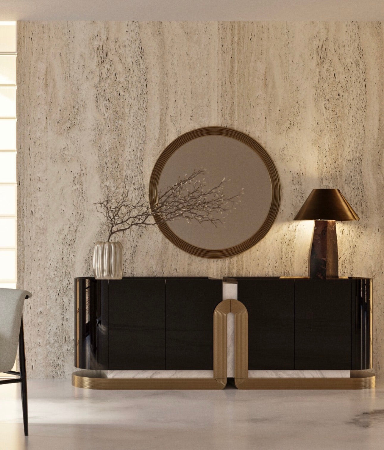 Apex luxury furniture collection with dark wood finishes, neutral seating, modern dining table, and high-end bedroom design.