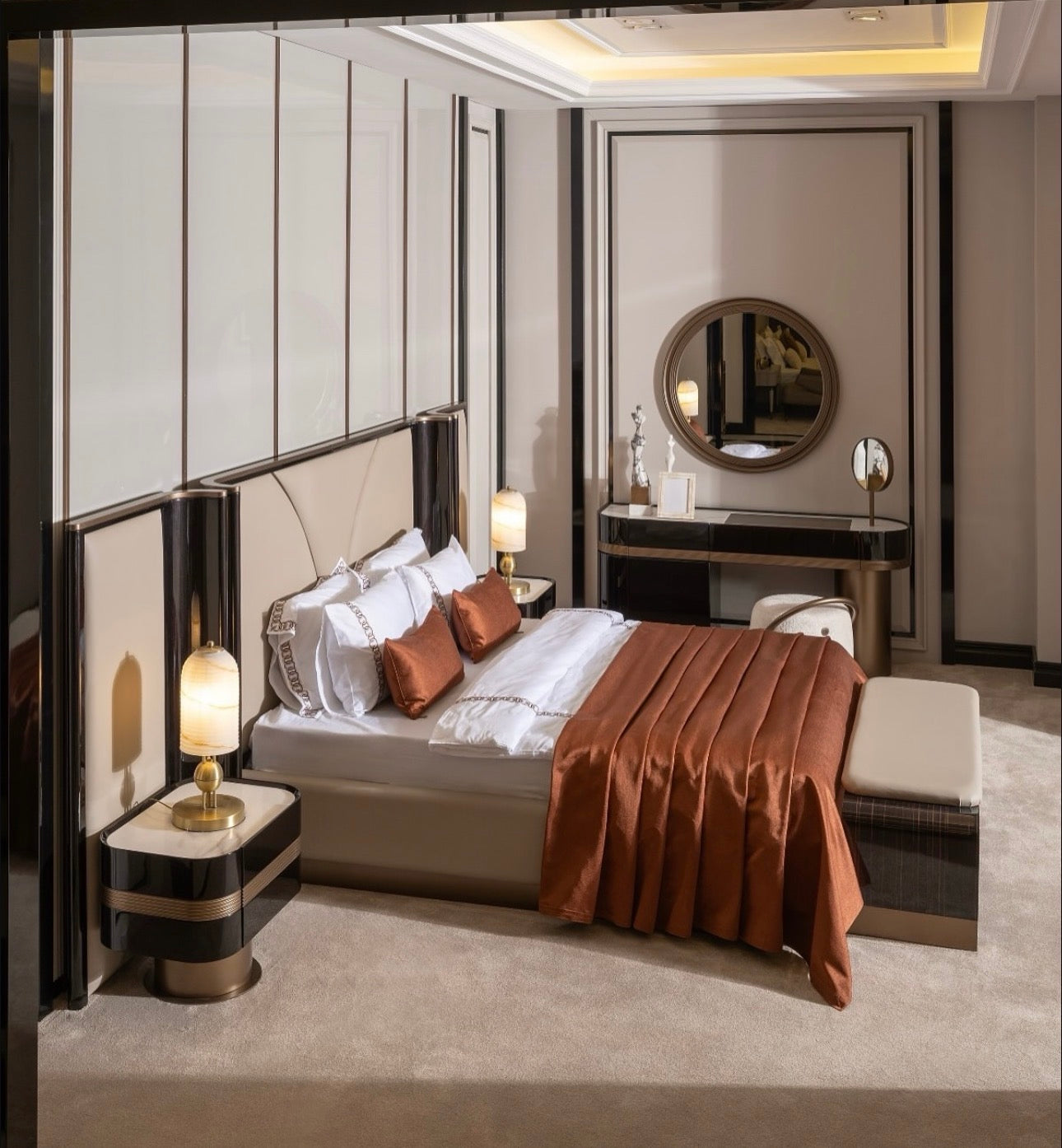 Apex luxury furniture collection with dark wood finishes, neutral seating, modern dining table, and high-end bedroom design.