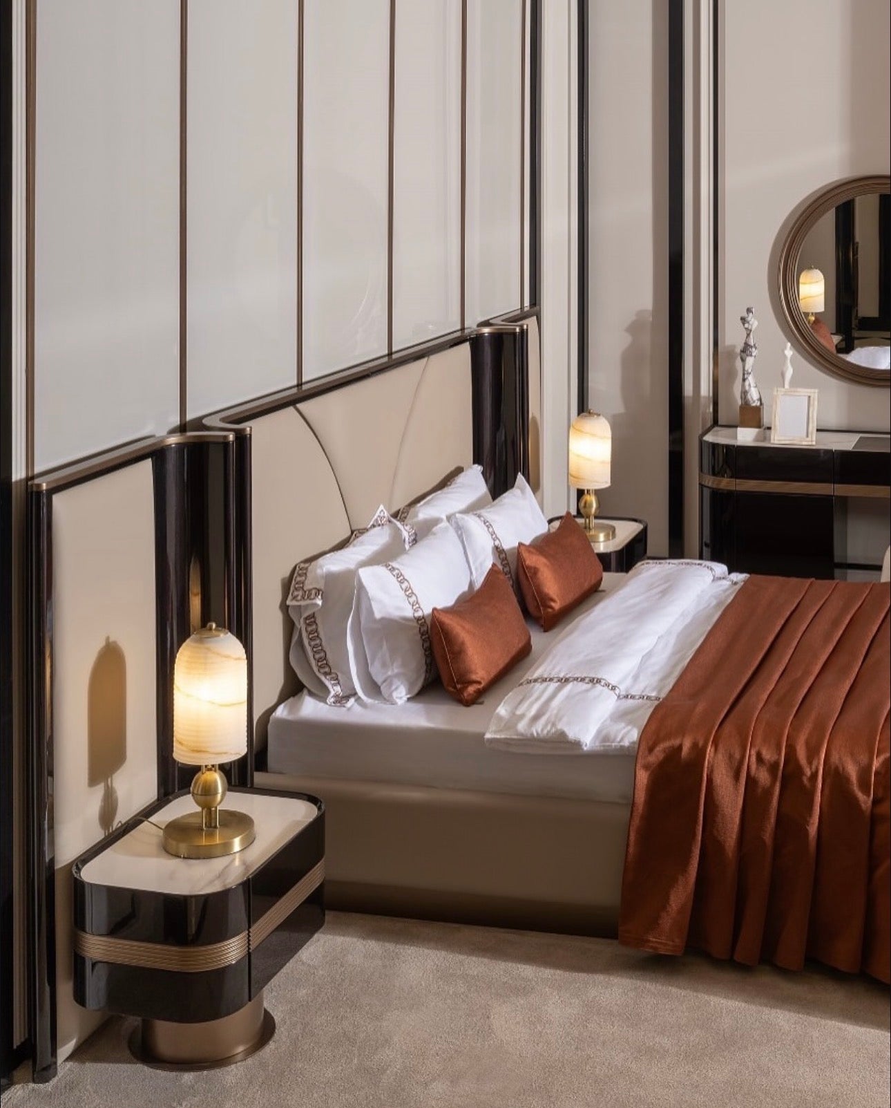 Apex luxury furniture collection with dark wood finishes, neutral seating, modern dining table, and high-end bedroom design.