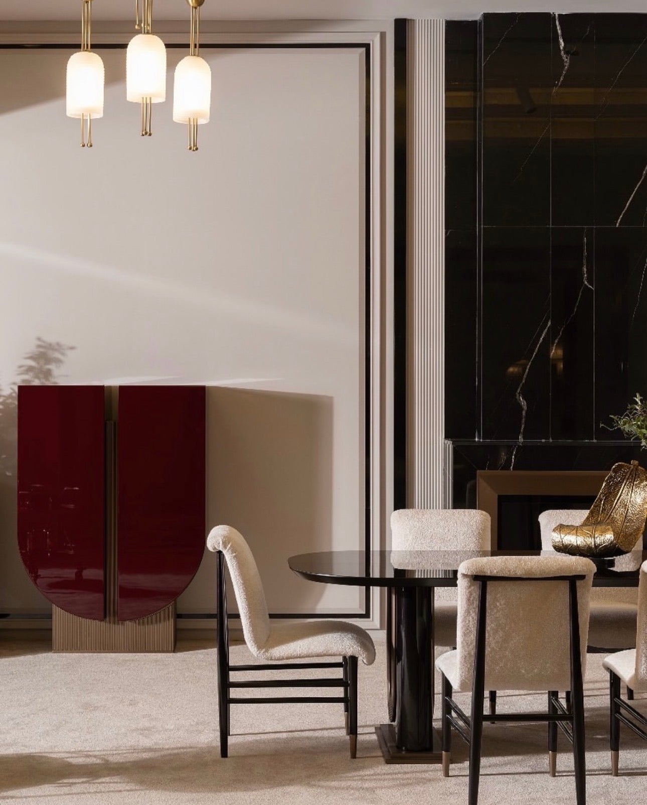 Apex luxury furniture collection with dark wood finishes, neutral seating, modern dining table, and high-end bedroom design.