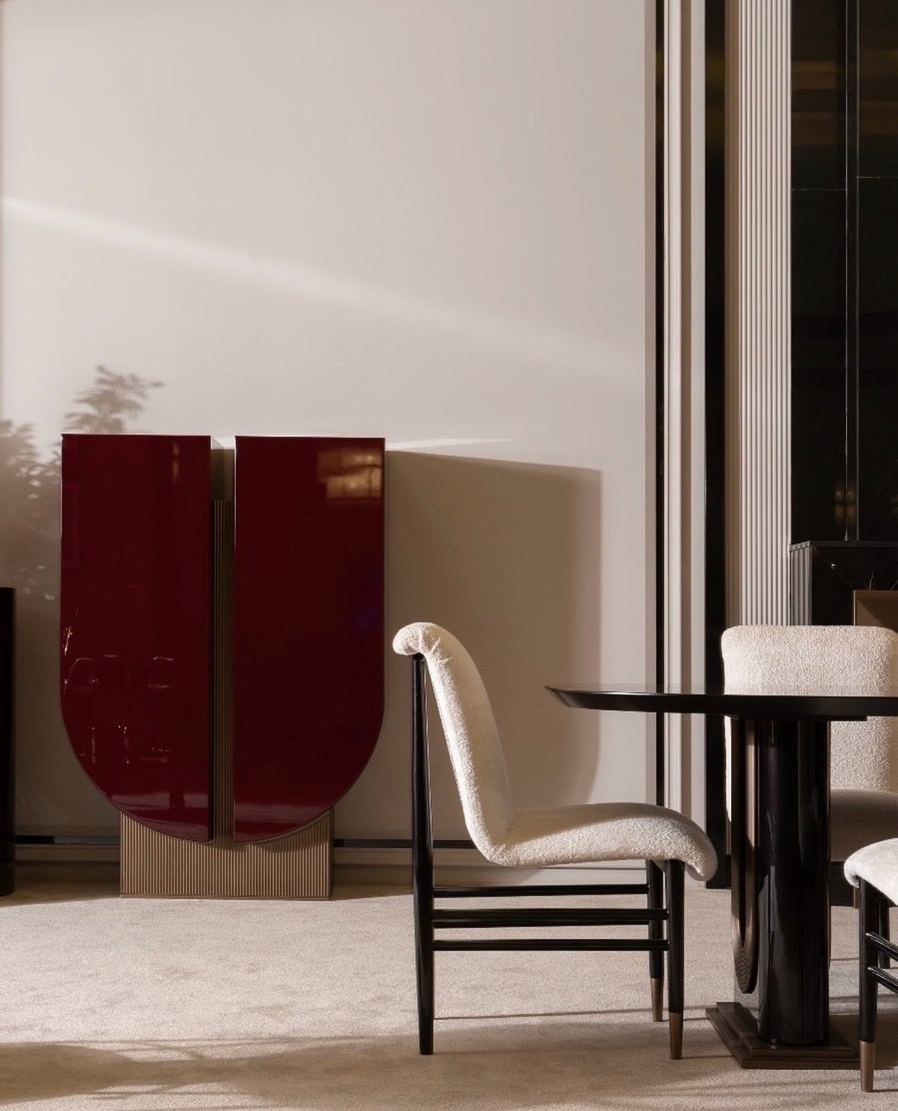 Apex luxury furniture collection with dark wood finishes, neutral seating, modern dining table, and high-end bedroom design.