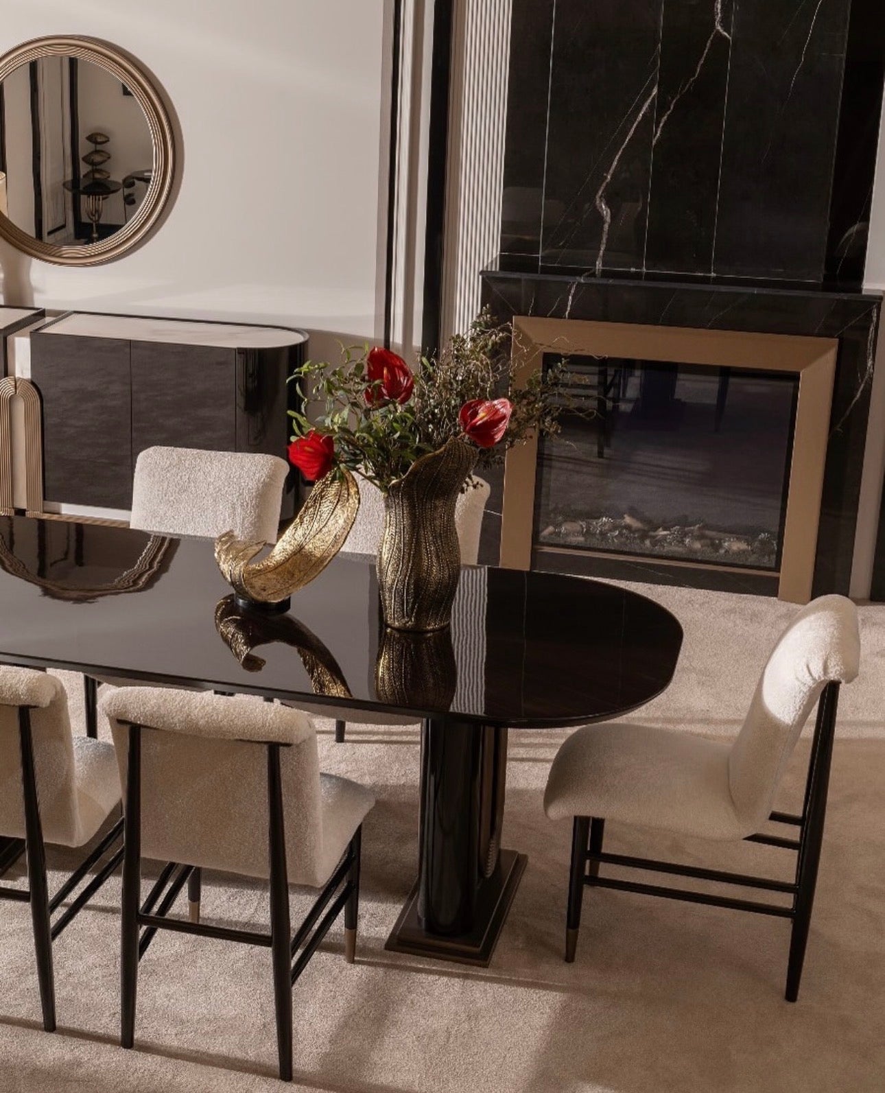 Apex luxury furniture collection with dark wood finishes, neutral seating, modern dining table, and high-end bedroom design.