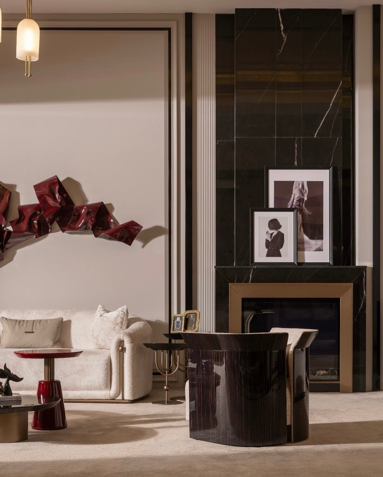 Apex luxury furniture collection with dark wood finishes, neutral seating, modern dining table, and high-end bedroom design.