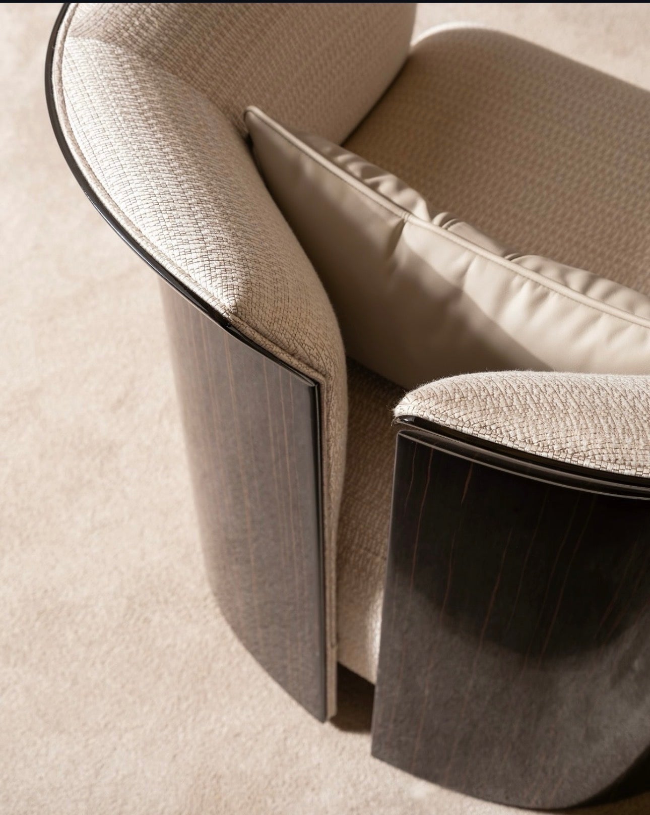 Apex luxury furniture collection with dark wood finishes, neutral seating, modern dining table, and high-end bedroom design.