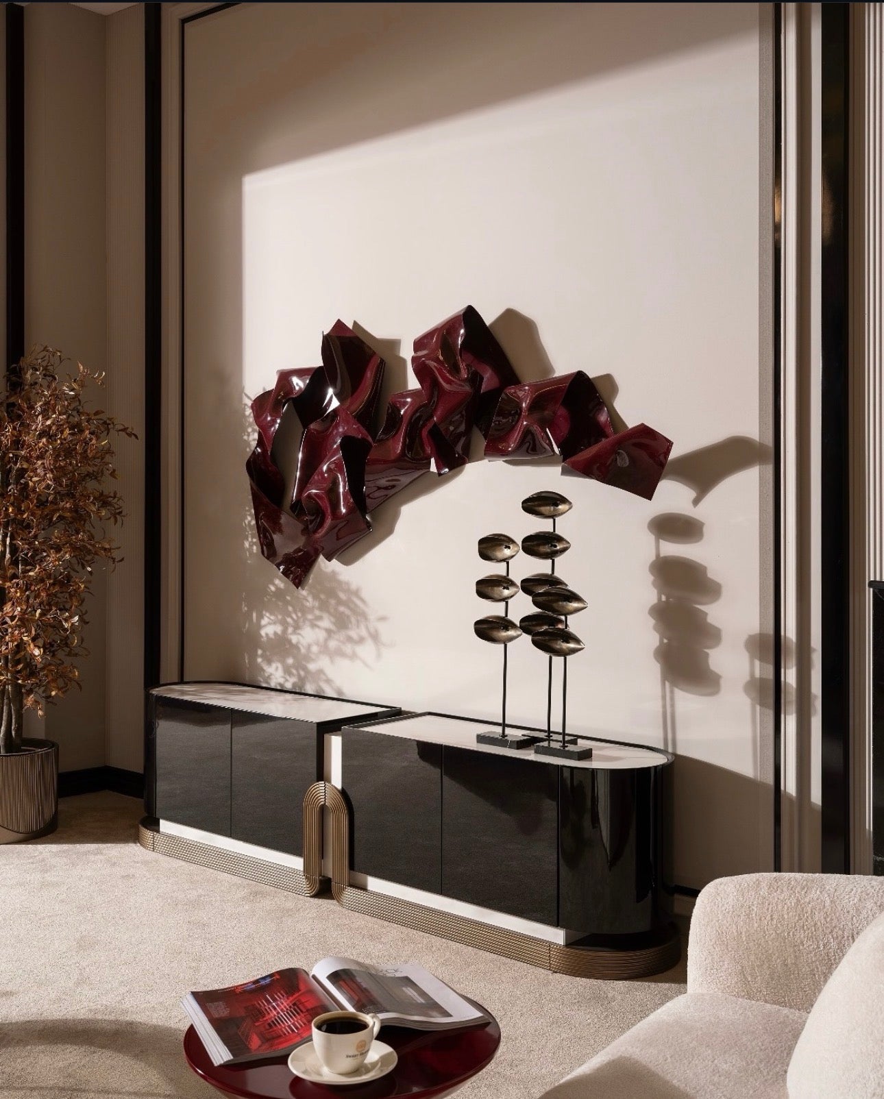 Apex luxury furniture collection with dark wood finishes, neutral seating, modern dining table, and high-end bedroom design.