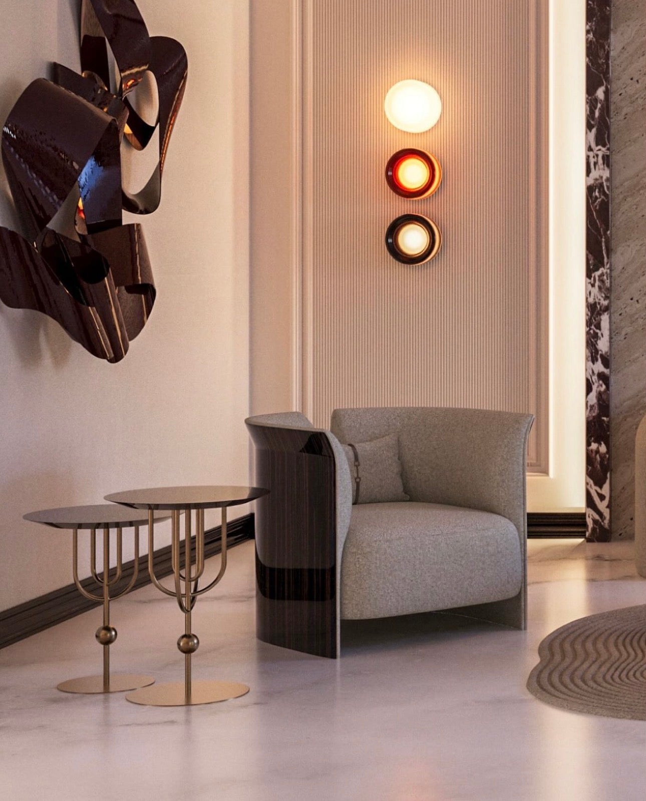 Apex luxury furniture collection with dark wood finishes, neutral seating, modern dining table, and high-end bedroom design.