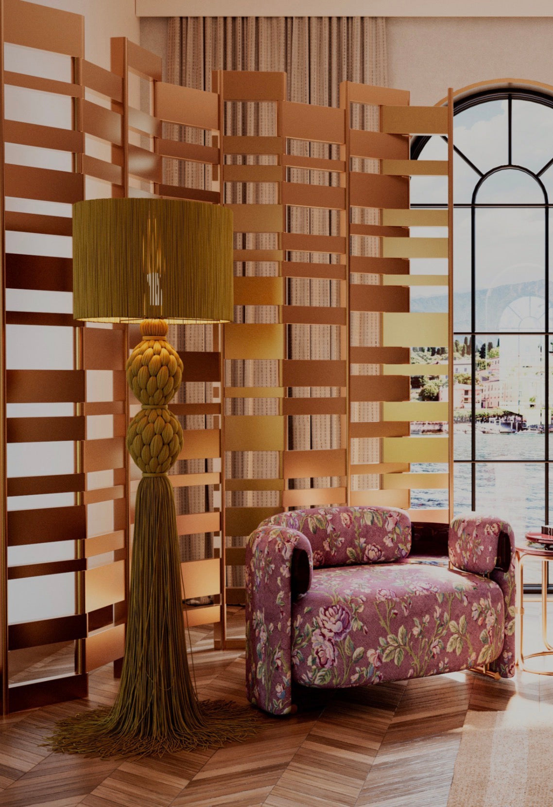 Tamar luxury furniture collection featuring sculptural upholstered bed, statement lounge chair, and modern wood vanity design.