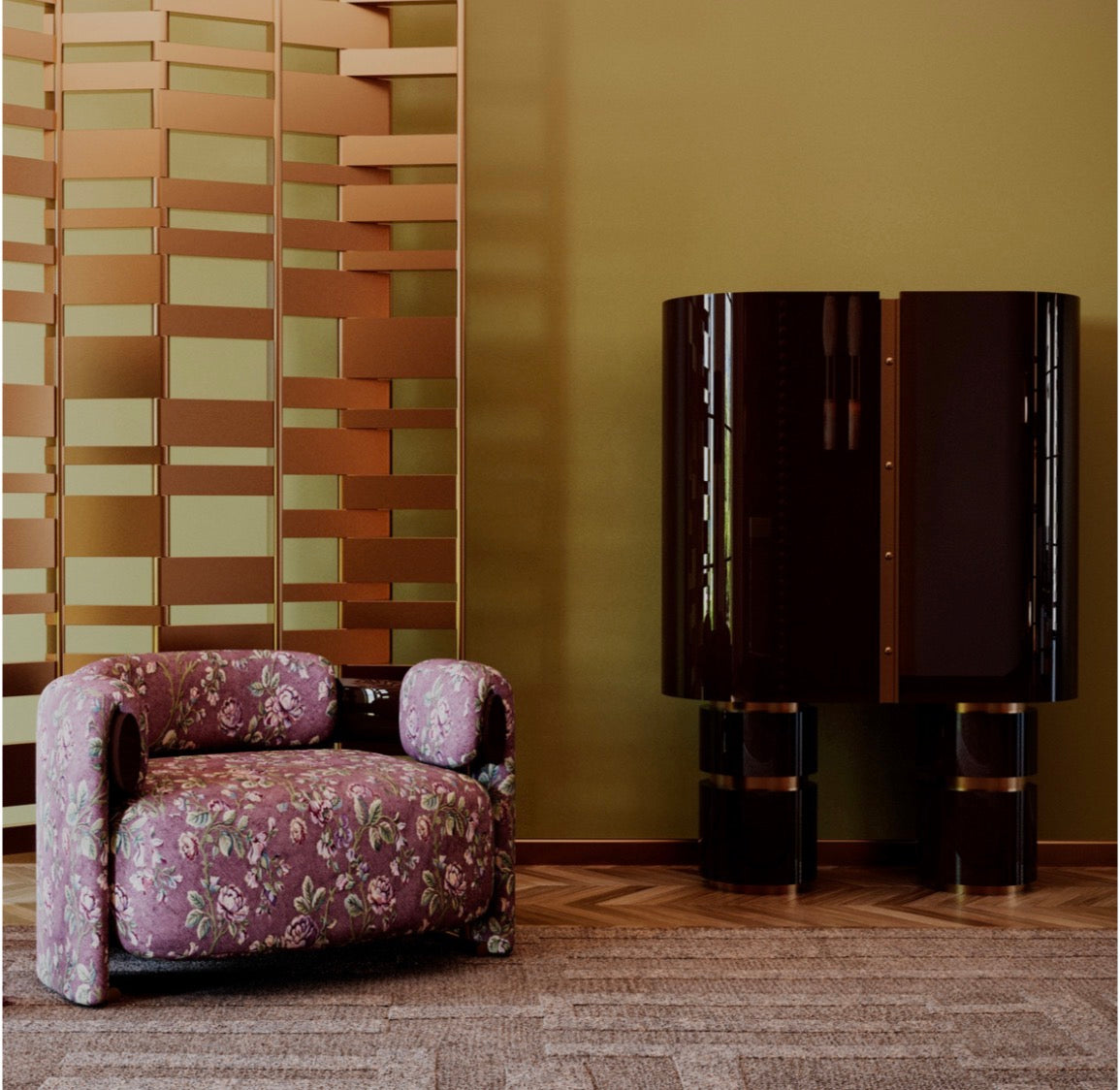 Tamar luxury furniture collection featuring sculptural upholstered bed, statement lounge chair, and modern wood vanity design.