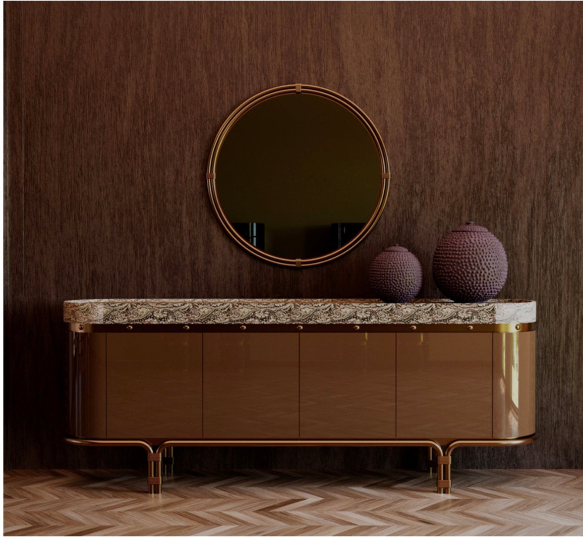 Tamar luxury furniture collection featuring sculptural upholstered bed, statement lounge chair, and modern wood vanity design.