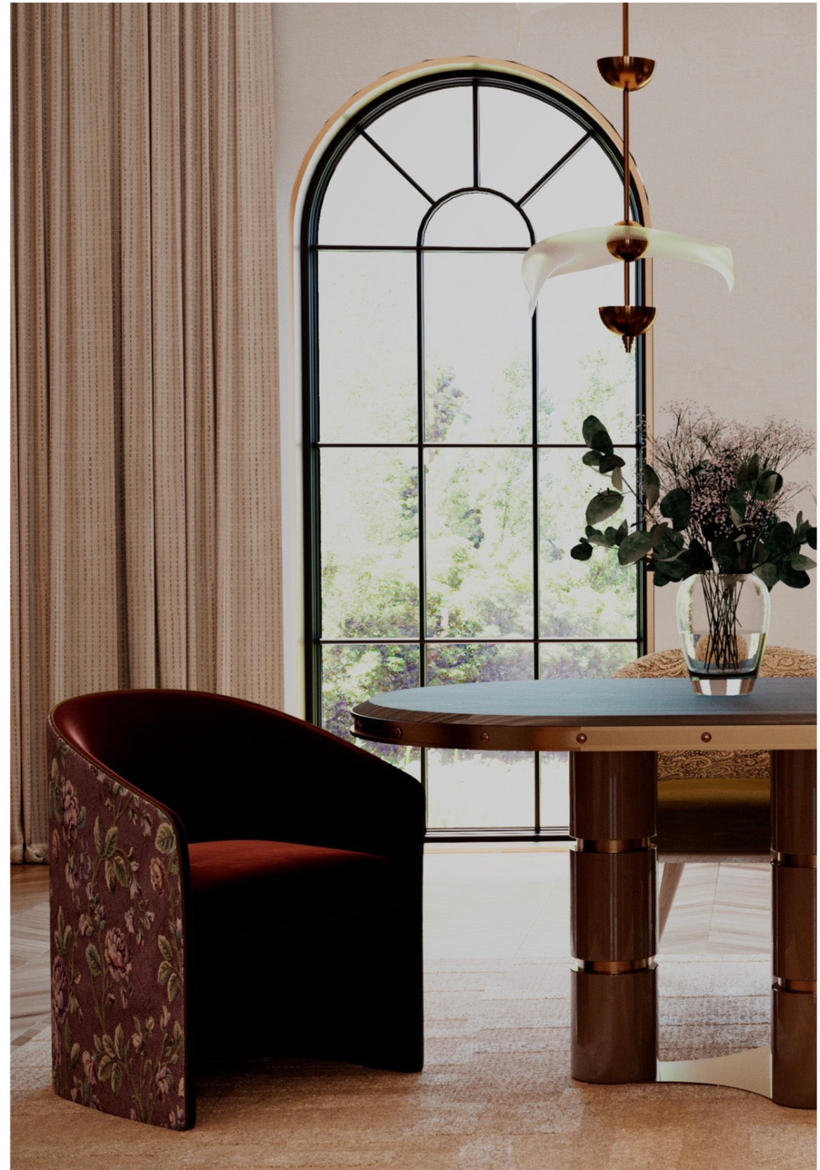 Tamar luxury furniture collection featuring sculptural upholstered bed, statement lounge chair, and modern wood vanity design.