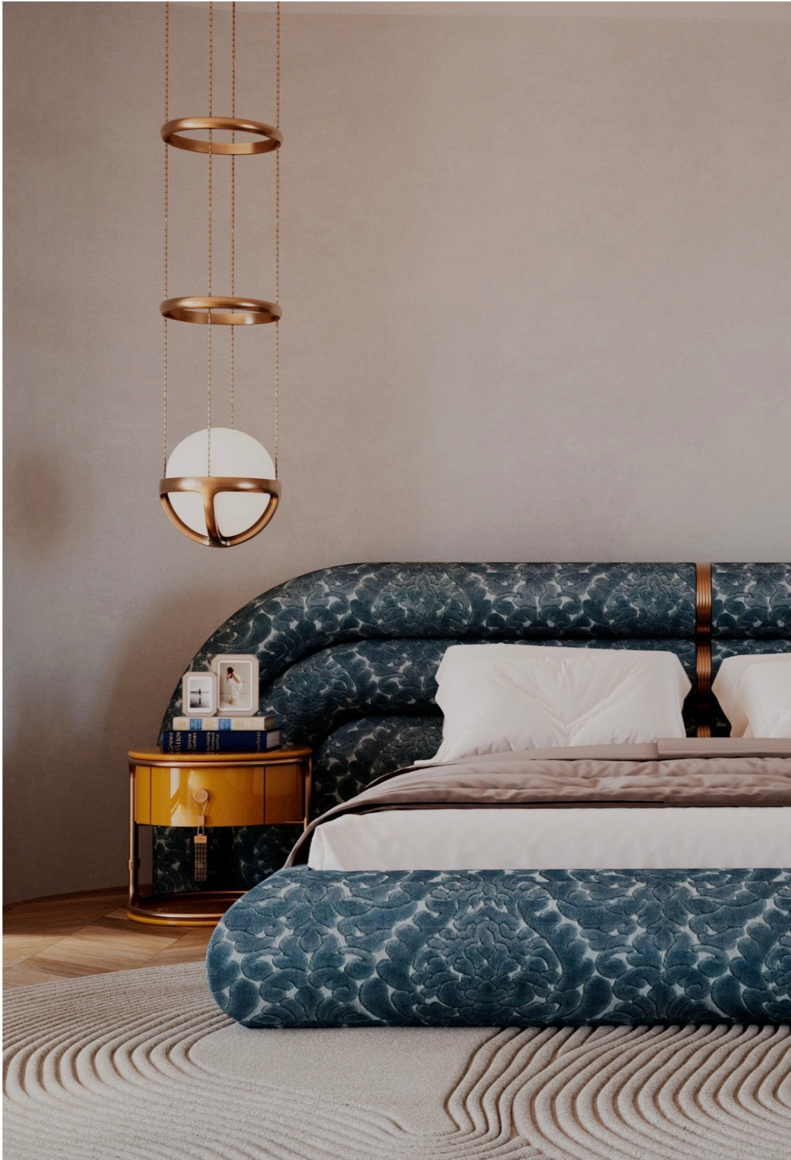 Tamar luxury furniture collection featuring sculptural upholstered bed, statement lounge chair, and modern wood vanity design.