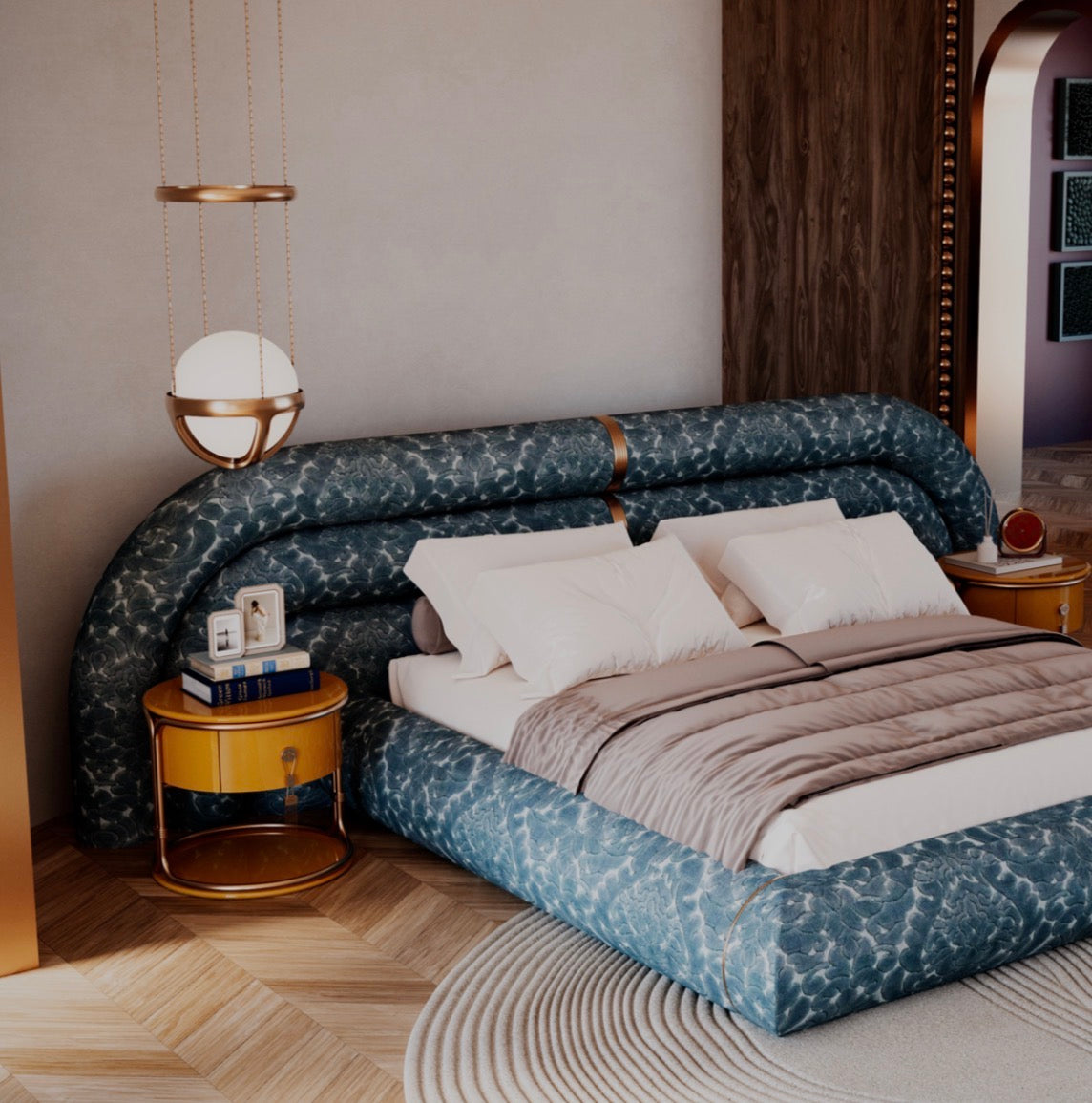 Tamar luxury furniture collection featuring sculptural upholstered bed, statement lounge chair, and modern wood vanity design.