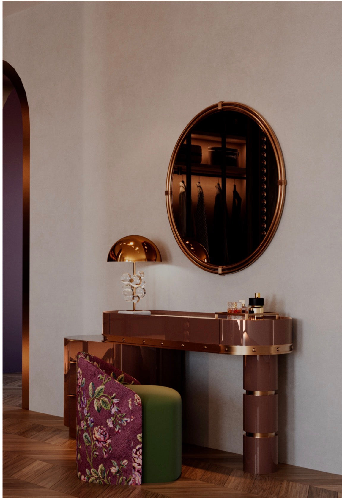 Tamar luxury furniture collection featuring sculptural upholstered bed, statement lounge chair, and modern wood vanity design.