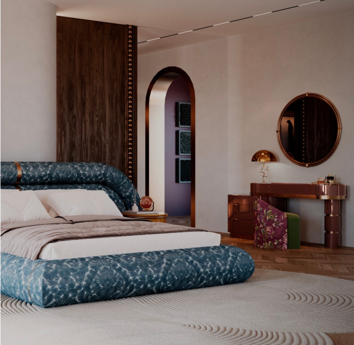 Tamar luxury furniture collection featuring sculptural upholstered bed, statement lounge chair, and modern wood vanity design.