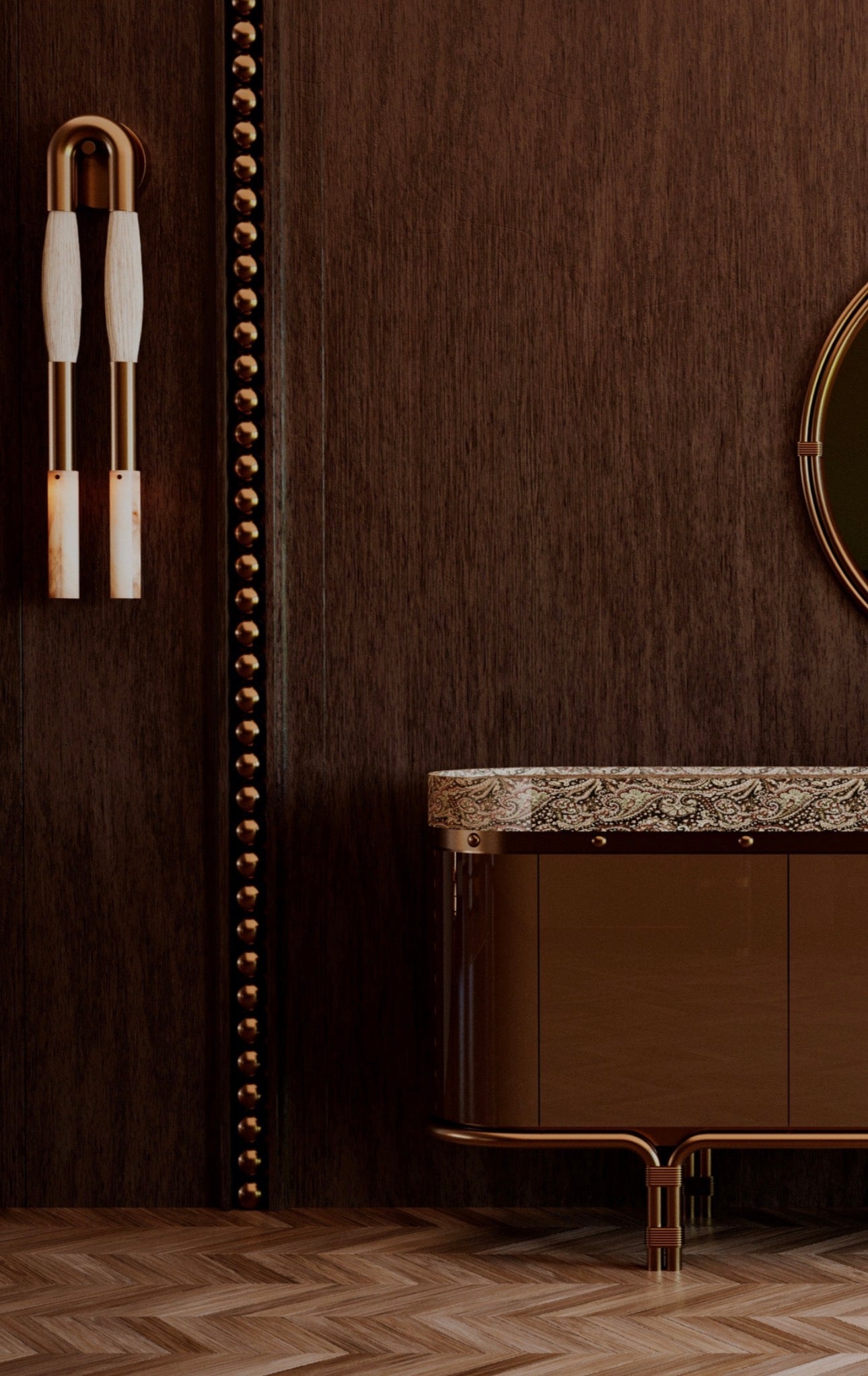 Tamar luxury furniture collection featuring sculptural upholstered bed, statement lounge chair, and modern wood vanity design.