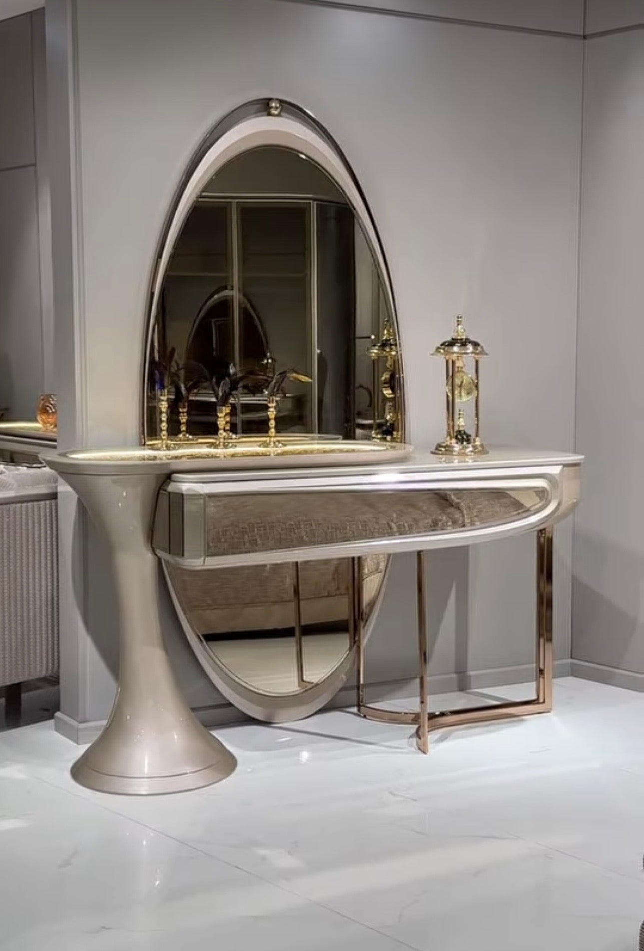 Heiroom luxury modern bedroom furniture collection with sculptural upholstered bed, mirrored console, and elegant vanity design.