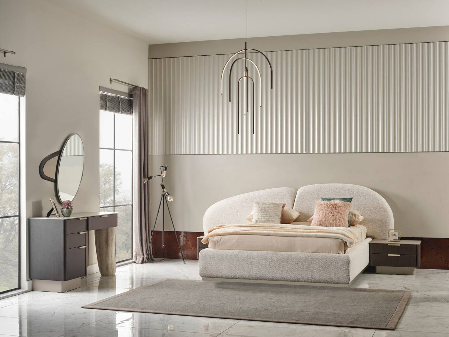 Terrae modern luxury bedroom collection featuring upholstered bed, sculptural mirror vanity, and warm wood bedside tables in a serene minimalist space.