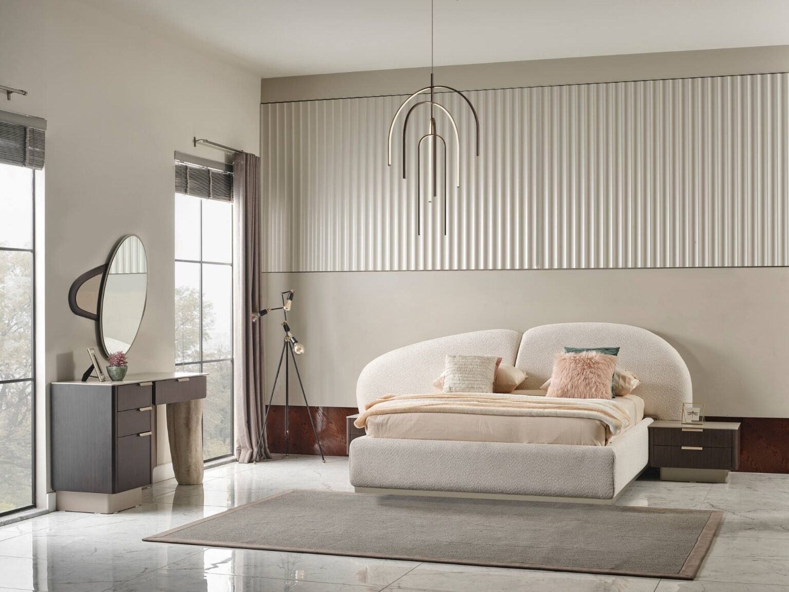 Terrae modern luxury bedroom collection featuring upholstered bed, sculptural mirror vanity, and warm wood bedside tables in a serene minimalist space.