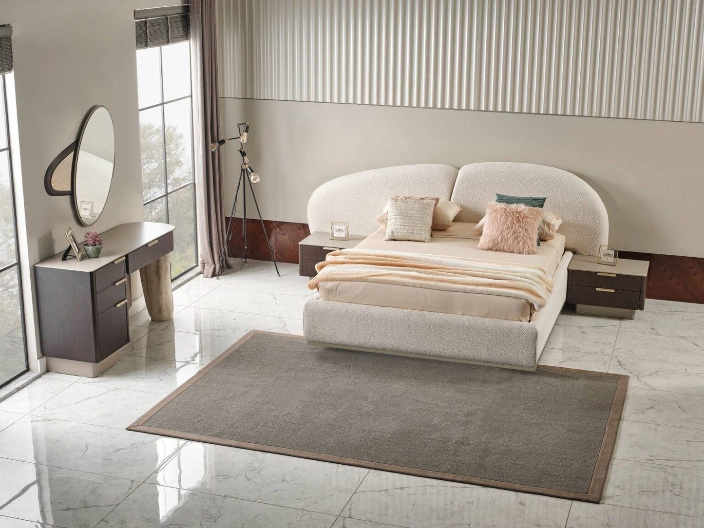Terrae modern luxury bedroom collection featuring upholstered bed, sculptural mirror vanity, and warm wood bedside tables in a serene minimalist space.